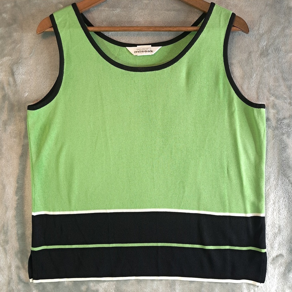 Exclusively Misook Scoop Neck Sleeveless Knit Tank Top Green Black Size L
